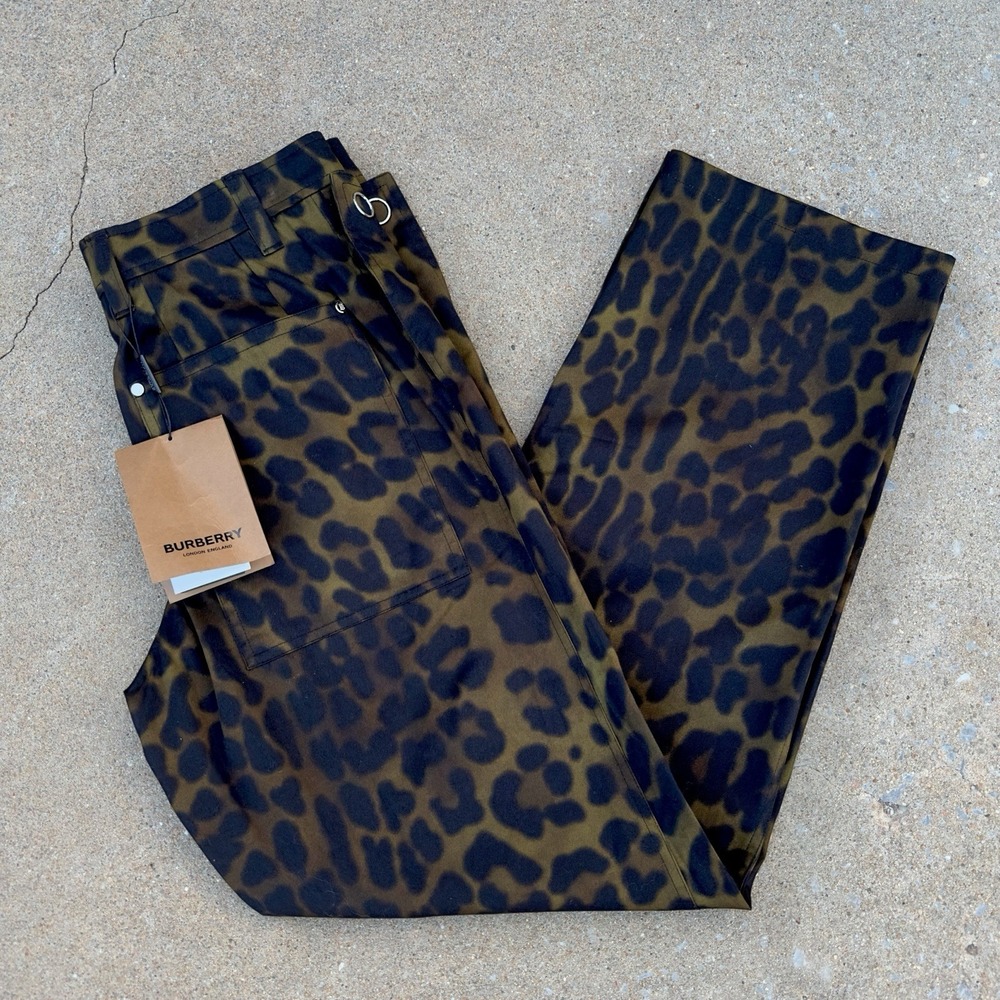 NWT Burberry Leopard Straight Leg Cotton Trousers Khaki Green Men's EU‎ 46 US 36